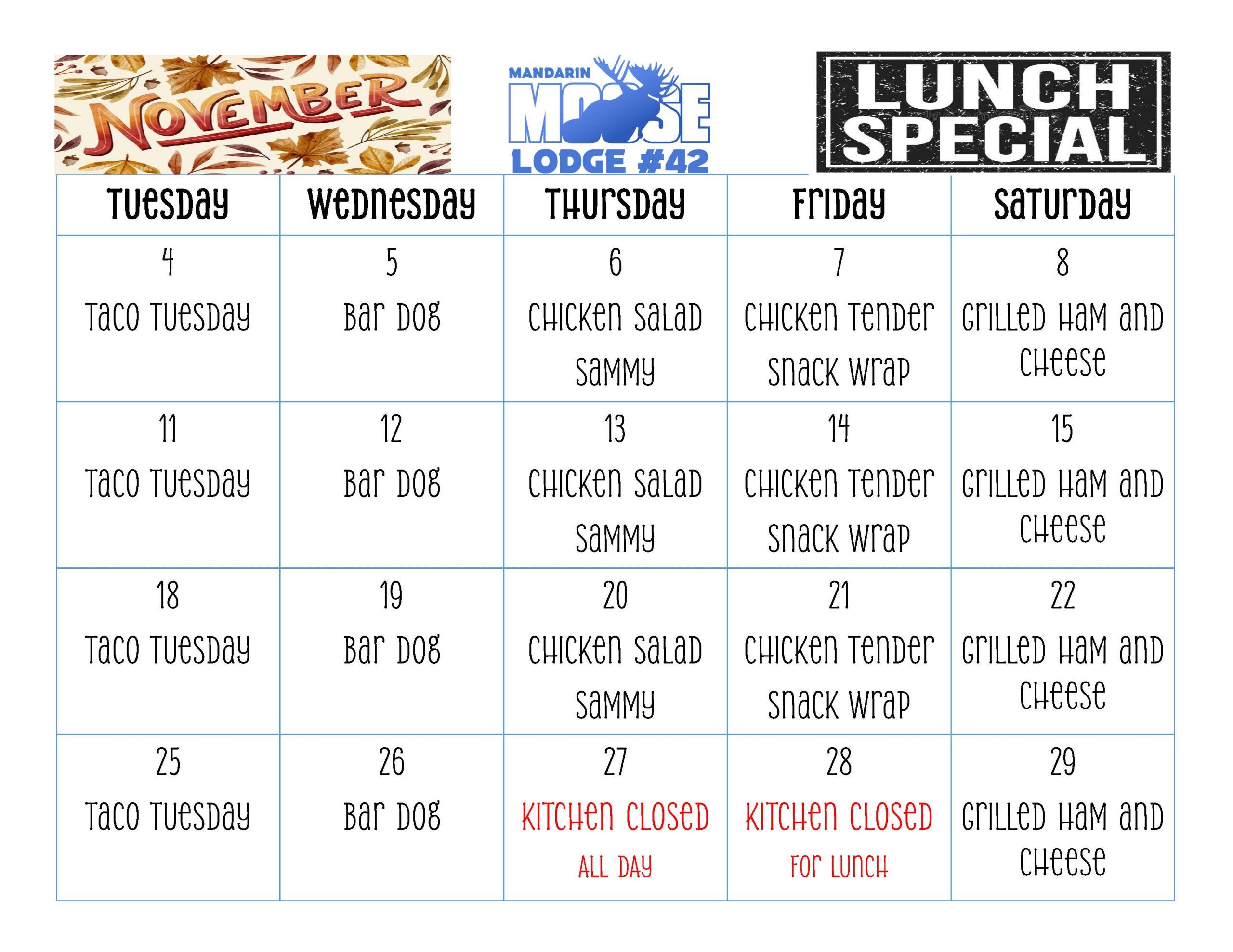 November daily lunch specials